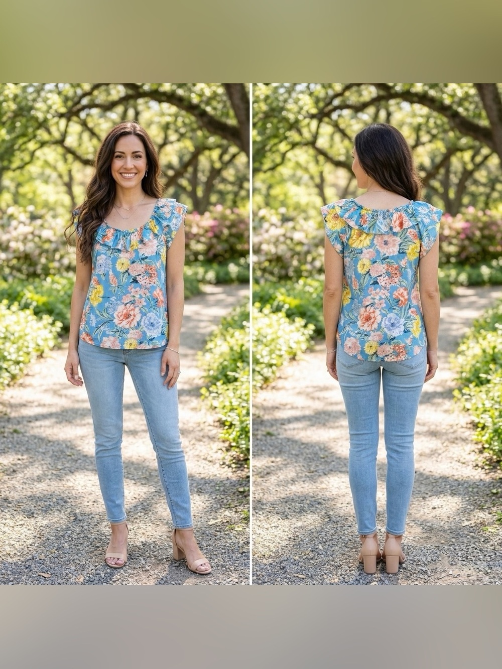 LOFT Women’s Garden Ruffle Blue Floral Print Flutter Sleeve Blue Blouse Size L